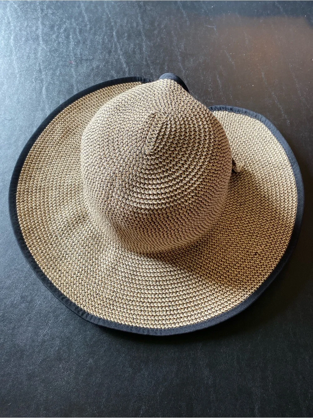 David and Young Tan Toyo Straw Sun Hat with Black Trim and Bow Detail on Back